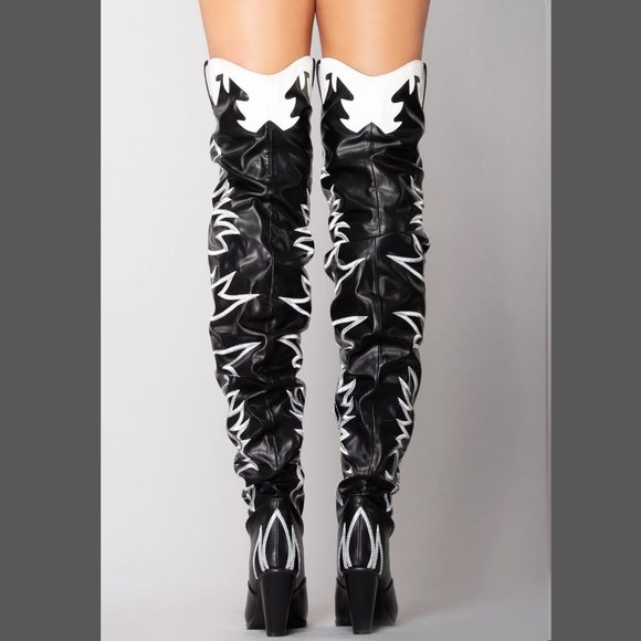 Kelsey Black Embroidered White Thigh High Western Cowboy Slouch Boots - Picture 4 of 8